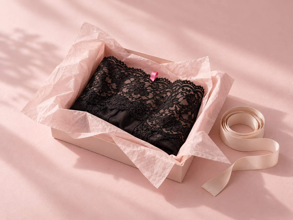 Dentelle noire dans un papier de soie rose et mètre ruban, pour choisir sa lingerie sexy