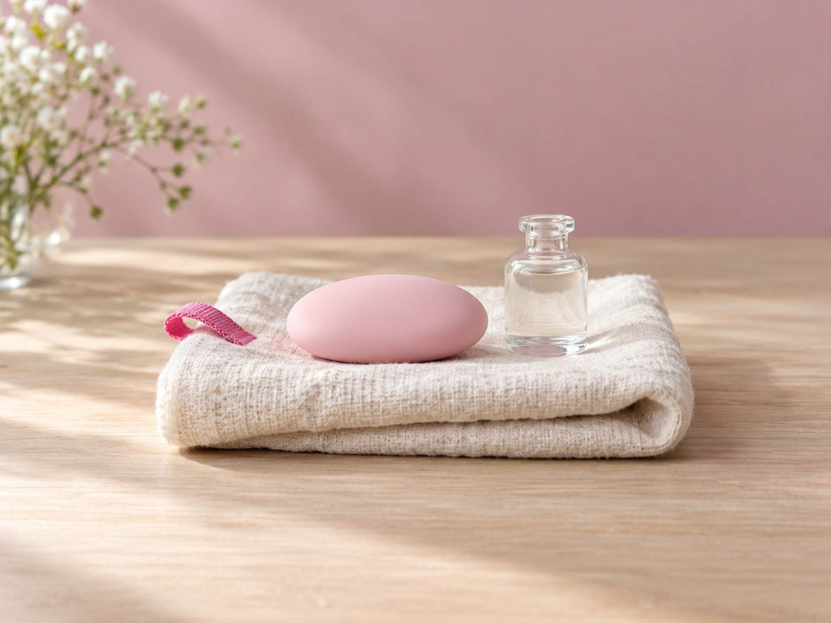 Petit objet en silicone rose et flacon sur une serviette en lin, pour un premier plug anal