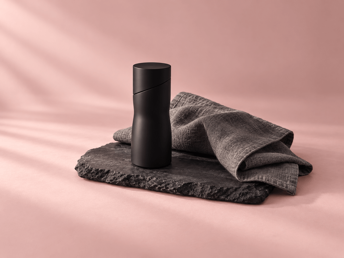 Objet noir aux lignes sobres et serviette grise sur un bois sombre, pour un premier sextoy homme