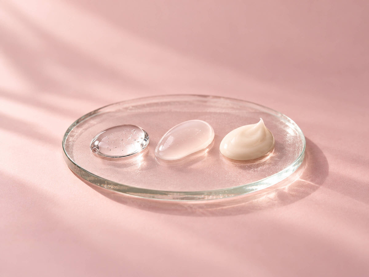 Trois gouttes de textures différentes sur une plaque de verre, pour choisir son lubrifiant