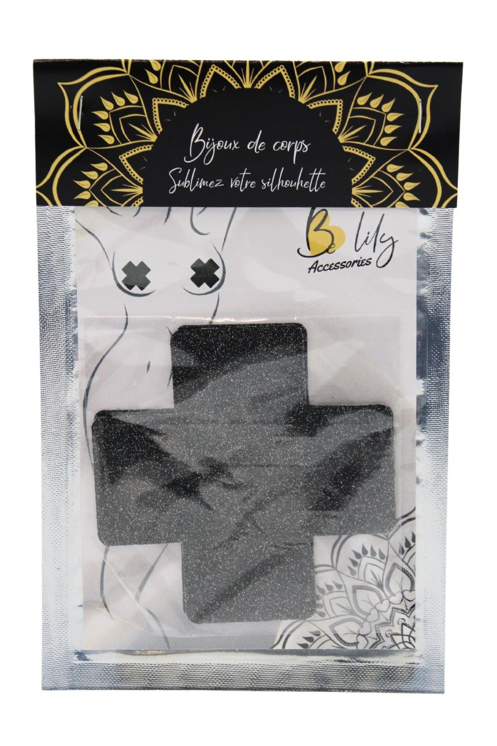 Paire de cache tétons adhésifs croix pailletée noir · Be Lily Accessories · vue 3
