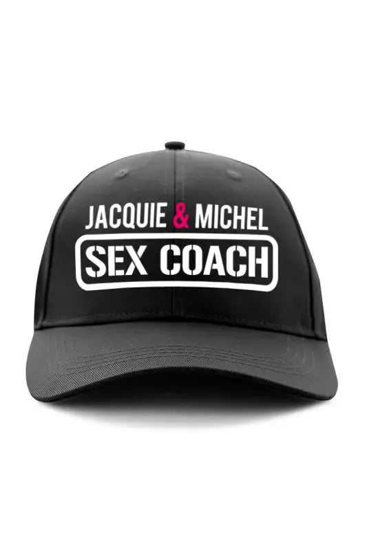 Casquette humoristique Jacquie et Michel avec inscription SEX COACH sur un fond noir, accessoire amusant.