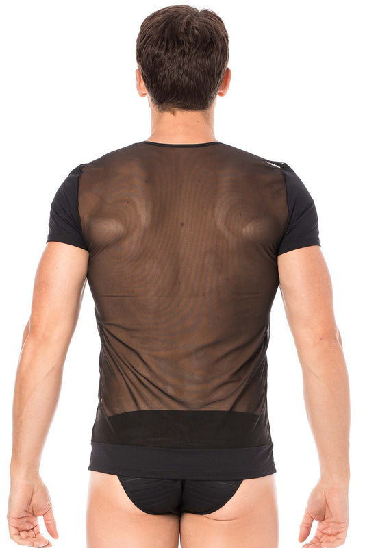 T-shirt homme rayé opaque et transparent dos voile Lace noir Look Me