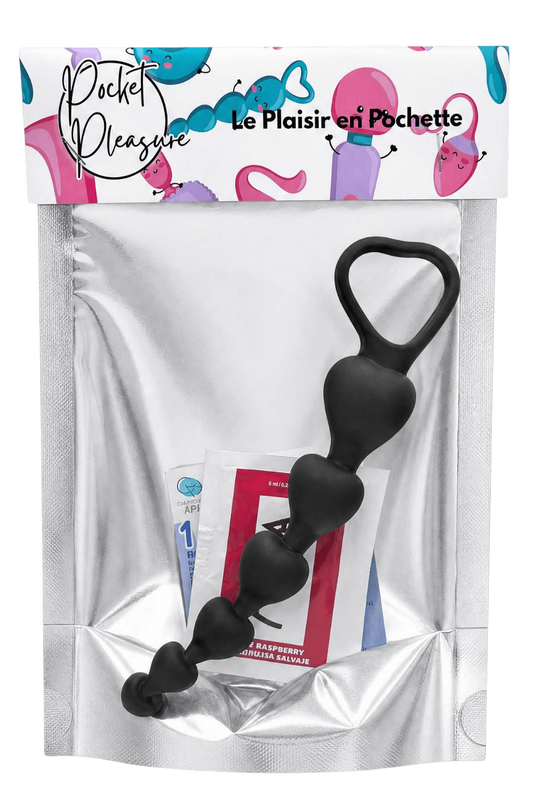 Chapelet Anal Cœur Silicone Noir 1 dosette de lubrifiant · Pocket Pleasure · vue 2