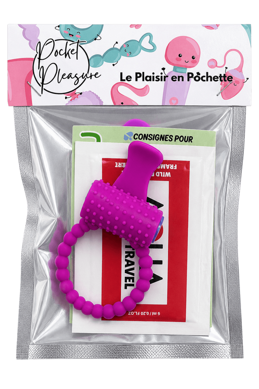 Anneau violet vibrant silicone avec langue picot dosette de lubrifiant · Pocket Pleasure · vue 2