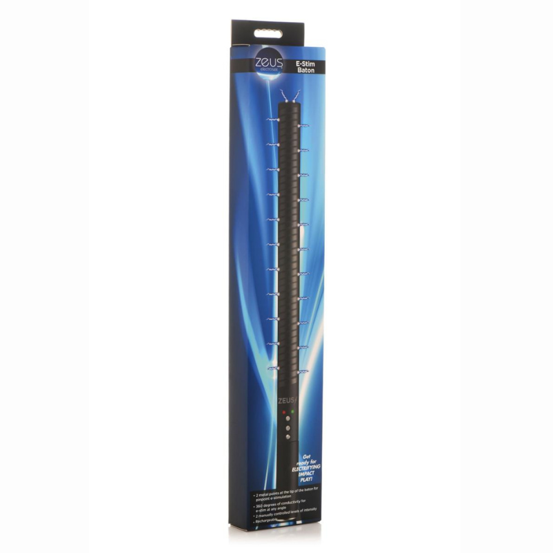 Bâton e-stim BDSM Zeus Electrosex rechargeable — mise en situation accessoire BDSM dans son emballage