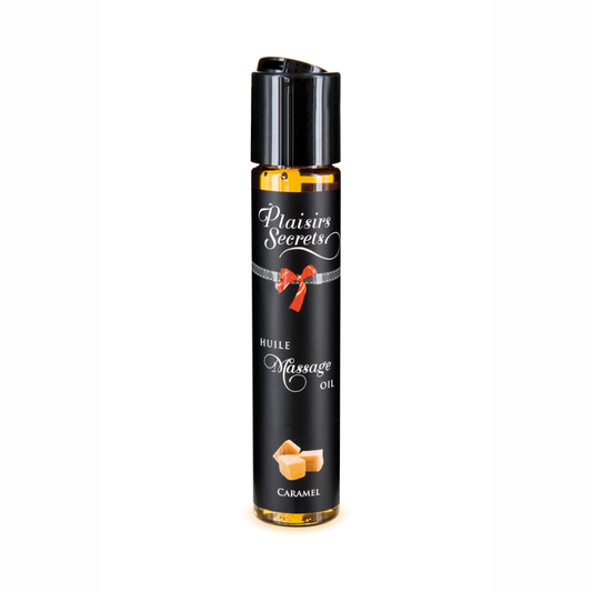 Huile massage gourmande Plaisirs Secrets caramel 59ml comestible flacon LollyDoll