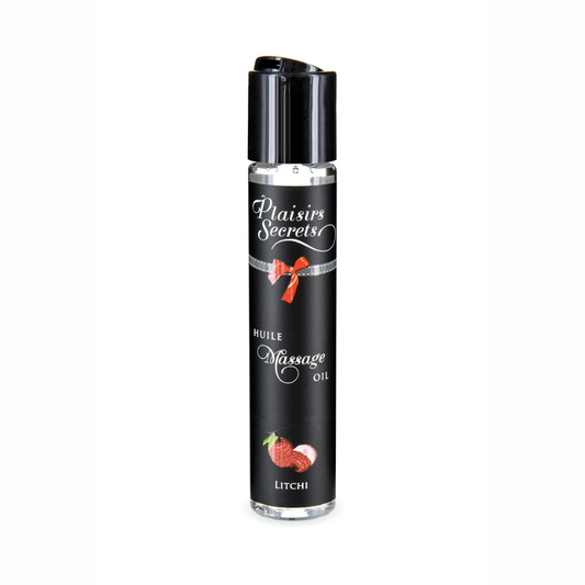 Huile massage gourmande Plaisirs Secrets litchi bouchon flip-top 100% végétale