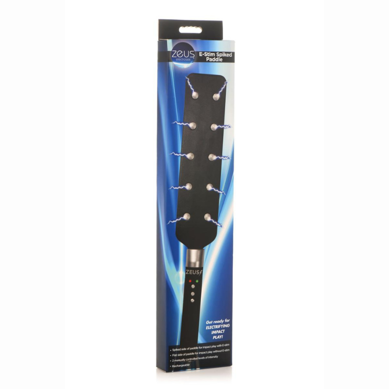 Paddle électrostimulation BDSM Spiked Zeus – vue profil dimensions 40,6 cm cuir ABS noir
