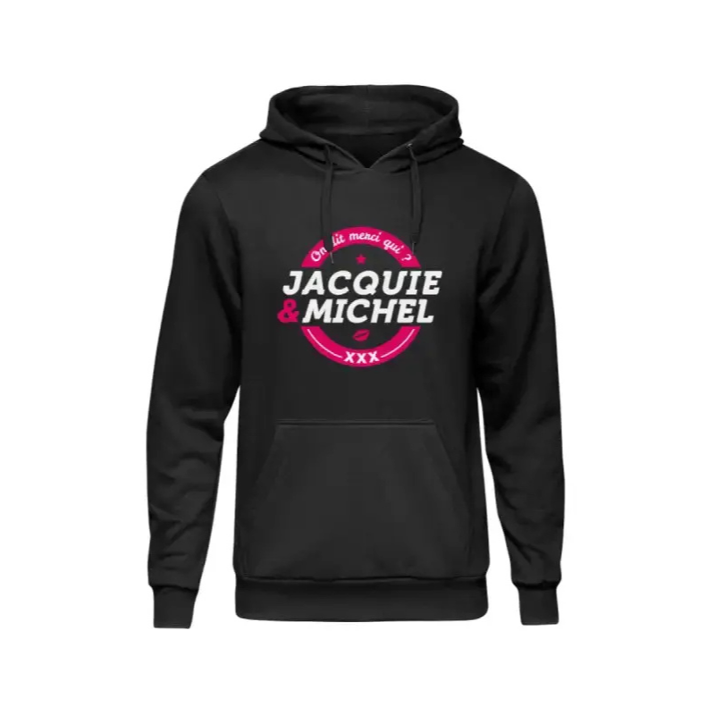 Sweat humoristique à capuche noir avec Logo rond Jacquie & Michel disponible de la taille S à la taille XXL