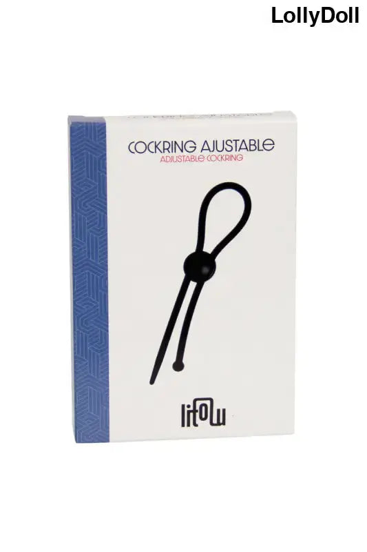 Cockring réglable de la marque Litolu, emballage en boîte blanche et bleue avec un design moderne.
