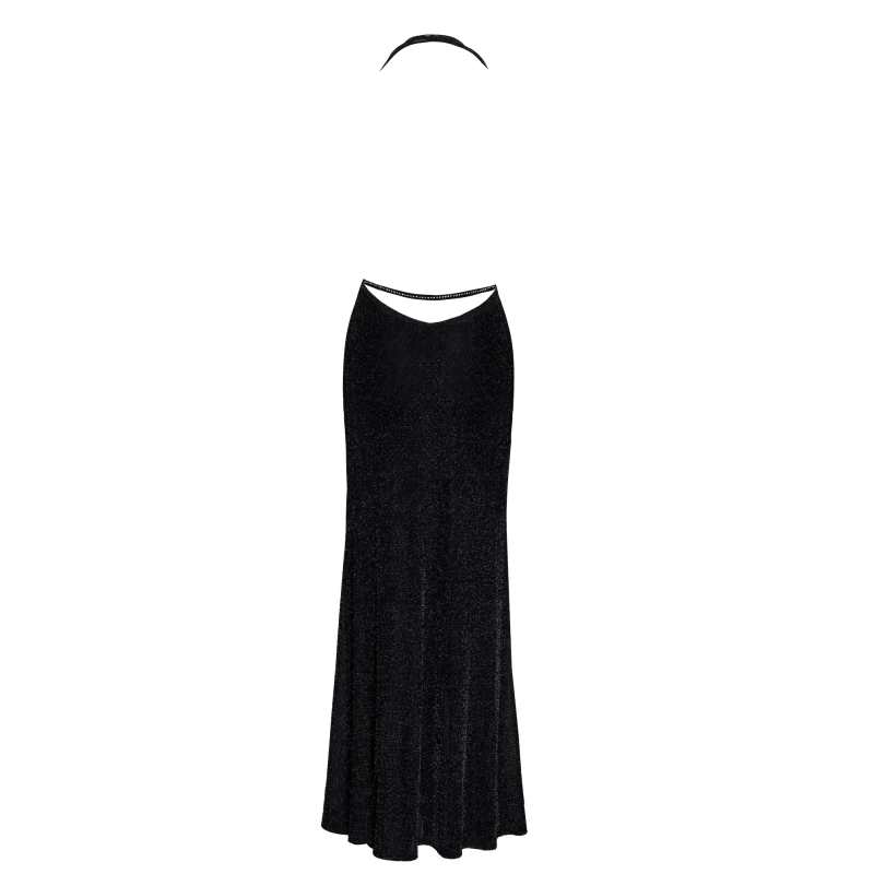Cette Robe longue fendue se distingue par sa matière fluide et légère, composée de maille pailletée délicatement translucide, traversée de fils argentés qui captent la lumière à chacun de vos mouvements