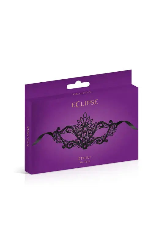 Masque sexy Loup Étoile en dentelle noire packagé dans une boîte élégante pour soirées coquines.