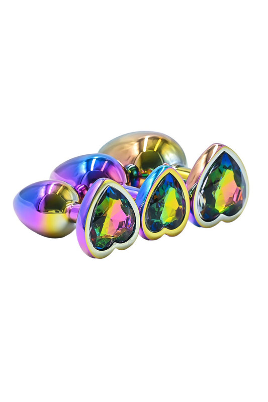 Coffret 3 plugs anaux métal Crystal Heart arc-en-ciel DIK