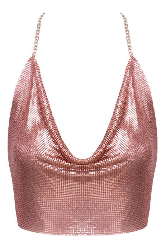Crop top en plaques de métal doré rose irisé Cottelli