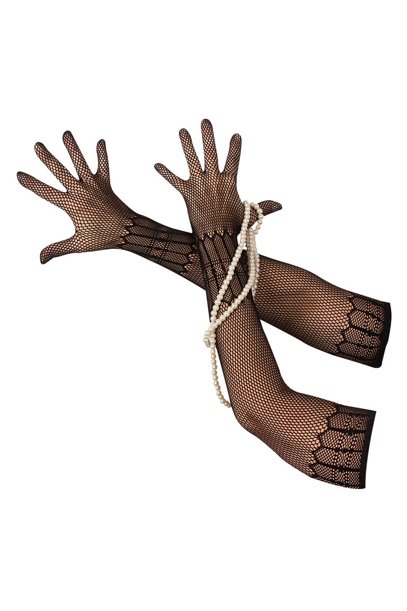 Gants longs en maille graphique noire Cottelli