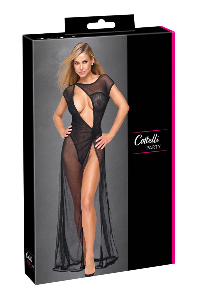 Robe longue fendue en résille moirée Party noire Cottelli