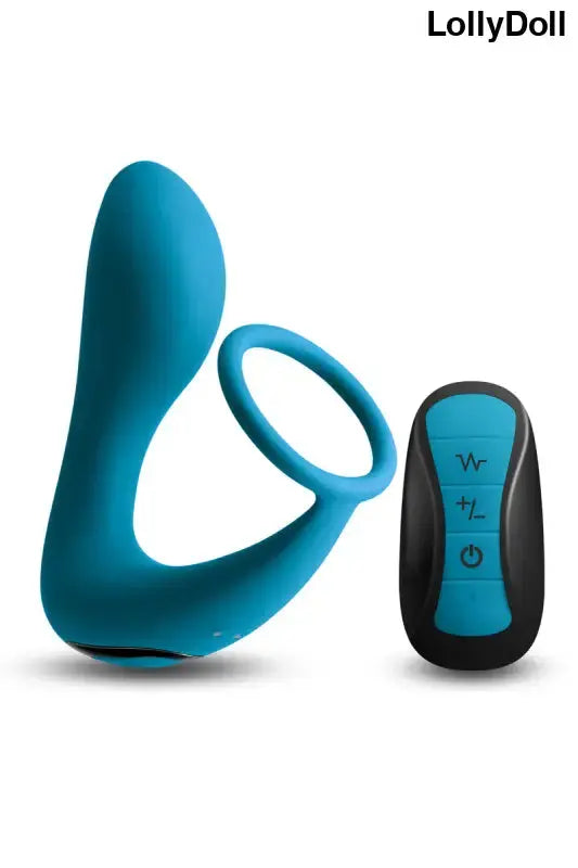 Stimulateur prostatique avec cockring vibrant combiné bleu avec télécommande.