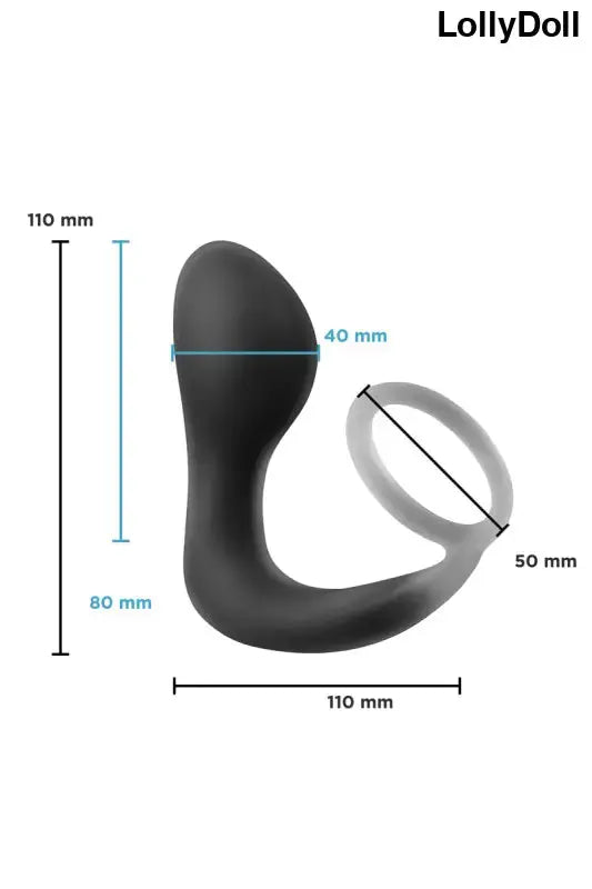 Masseur de prostate en silicone noir plug avec anneau pénien et dimensions exactes du produit: 110mm de hauteur, 80mm insérable, 40mm diamètre du plug, 110mm de largeur, 50mm diamètre du cockring