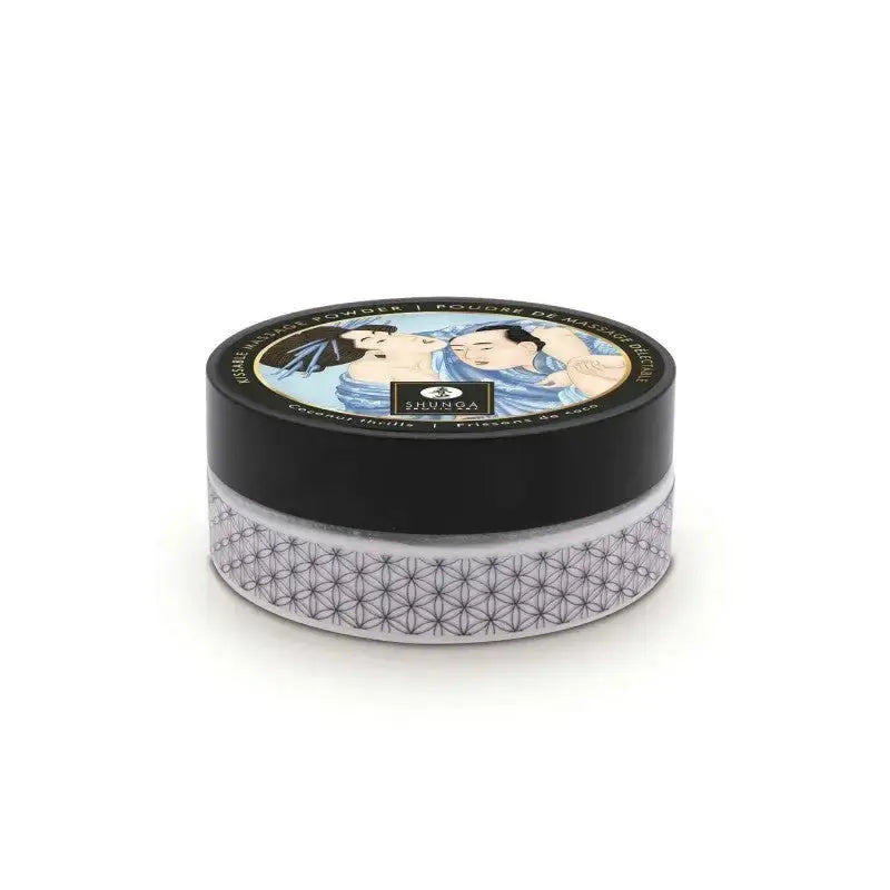 Poudre de massage délectable Frissons de coco dans un pot élégant, idéale pour éveiller les sens.