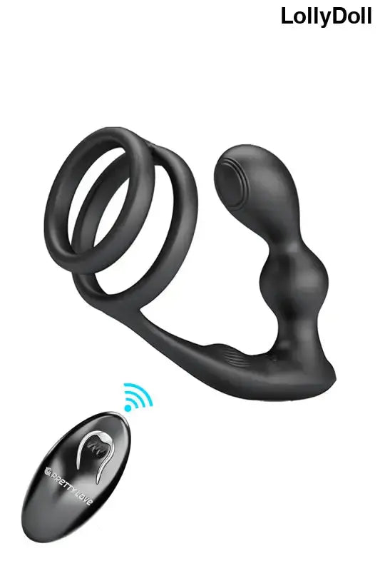 Anneau en silicone noir et Stimulateur prostatique avec télécommande chez LollyDoll