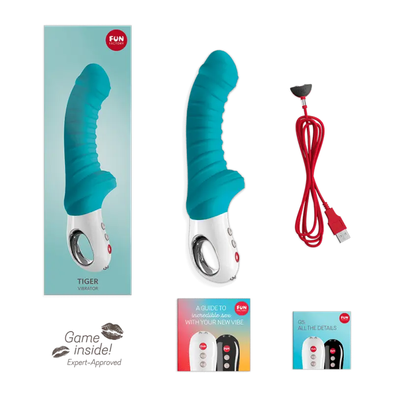 Vibromasseur Tiger : Son corps en silicone strié ondule au rythme de vos mouvements, offrant des caresses internes intenses à chaque va-et-vient. La pointe incurvée, légèrement ferme, vient masser le point G ou la prostate, selon vos envies, pour des vagues de plaisir qui montent et se propagent dans tout le corps