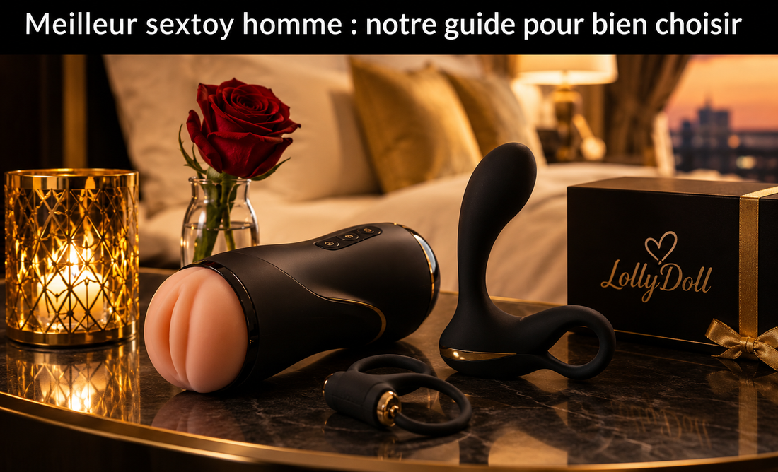 Illustration du guide LollyDoll présentant les meilleurs sextoys pour homme avec un masturbateur, un stimulateur prostatique et un cockring dans une ambiance élégante noir et or.