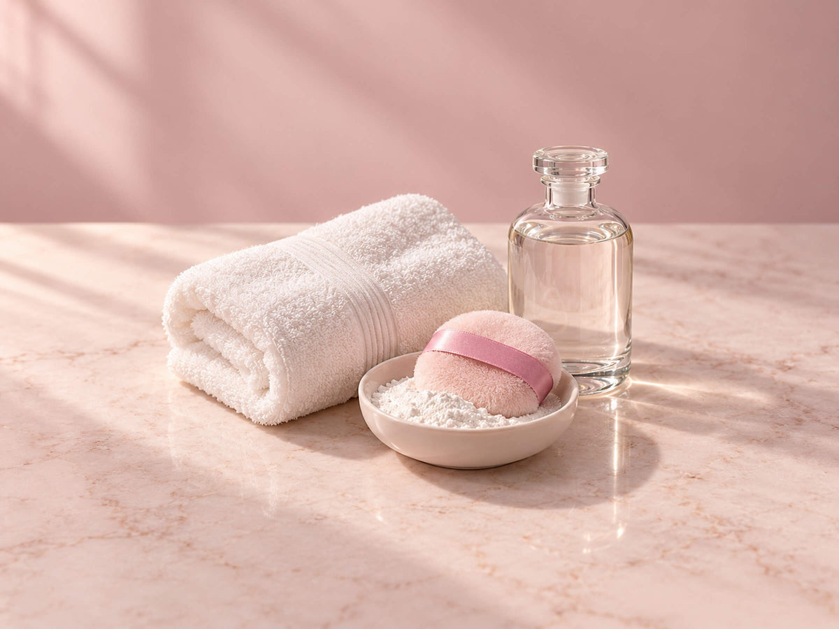 Serviette, flacon et houppette de poudre sur un marbre clair, pour entretenir sa poupée réaliste