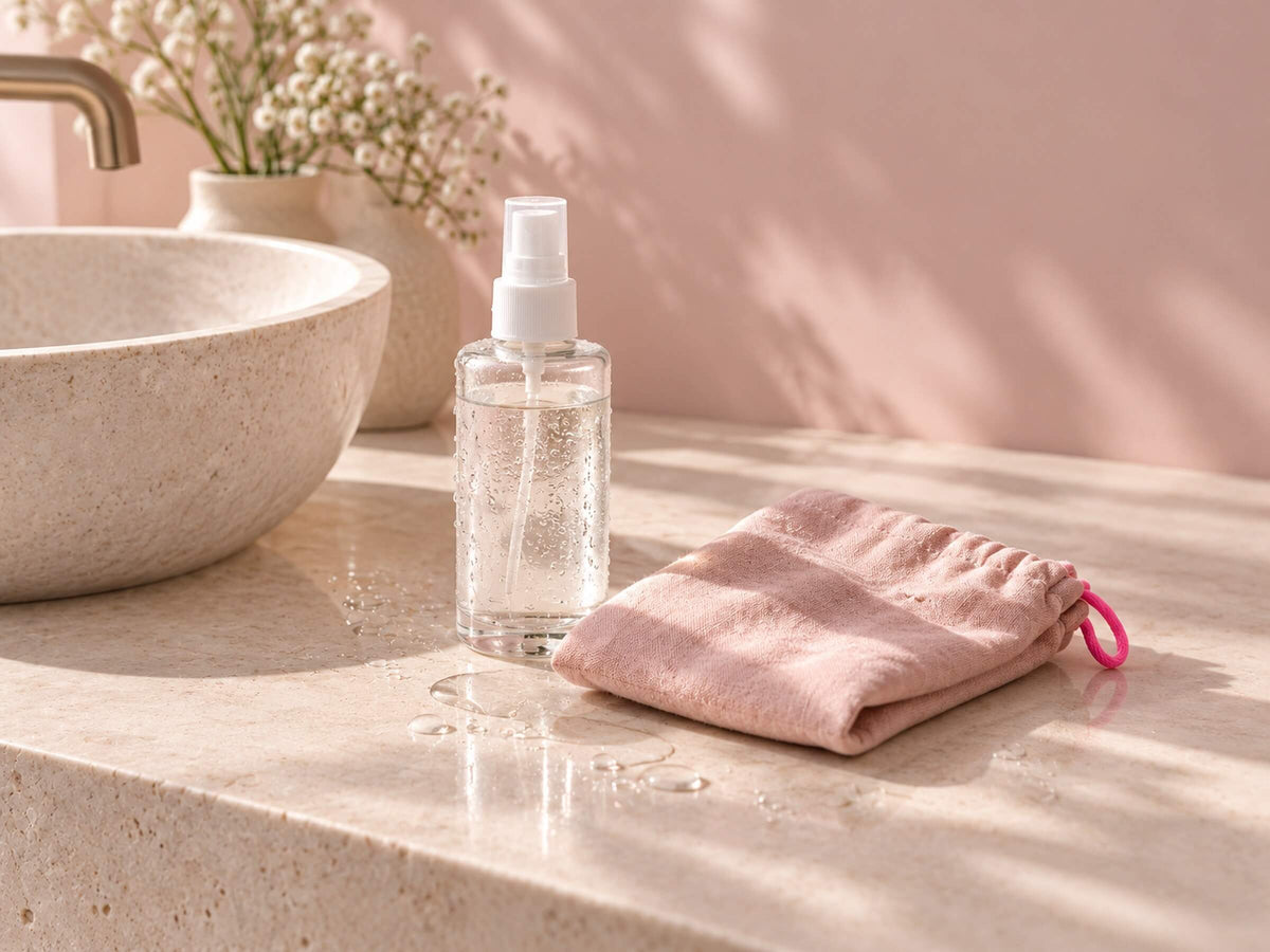 Flacon spray et pochette en coton sur une vasque claire, pour bien nettoyer un sextoy