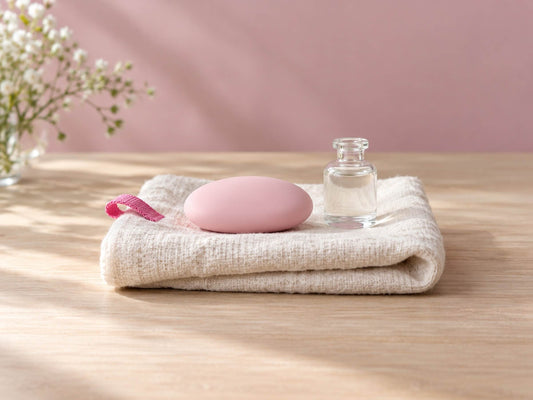Petit objet en silicone rose et flacon sur une serviette en lin, pour un premier plug anal