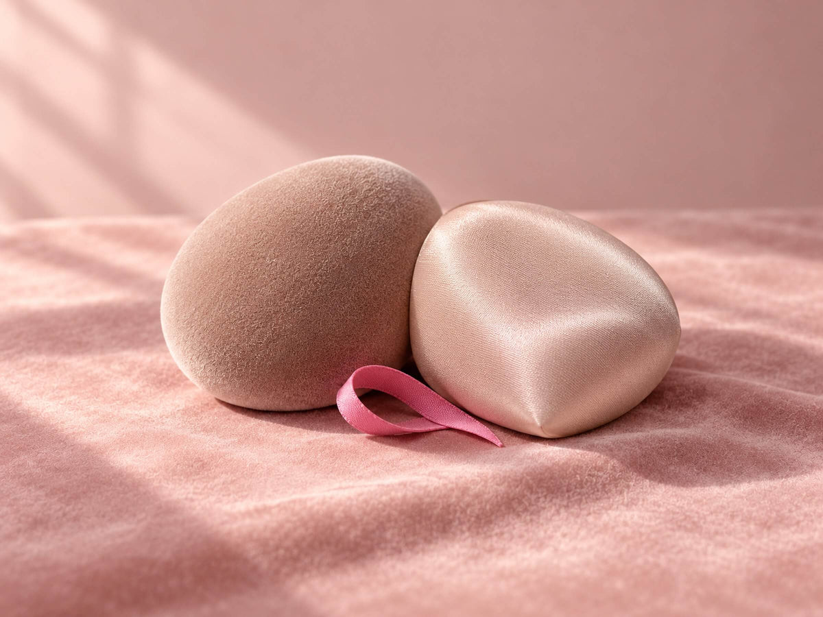 Deux matières douces comparées sur un velours rose, pour choisir entre poupée TPE et silicone