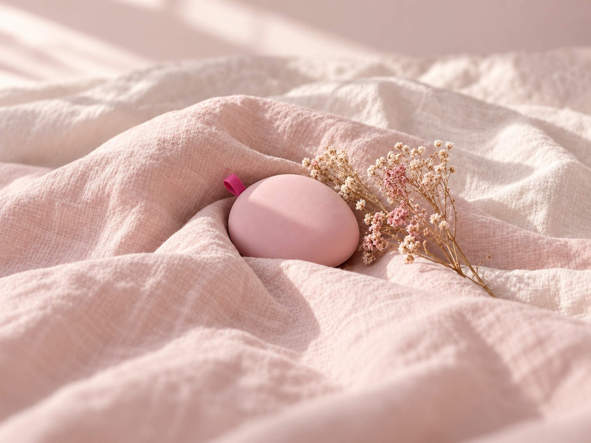 Petit objet rose aux formes douces sur un drap en lin, lumière du matin, pour un premier sextoy