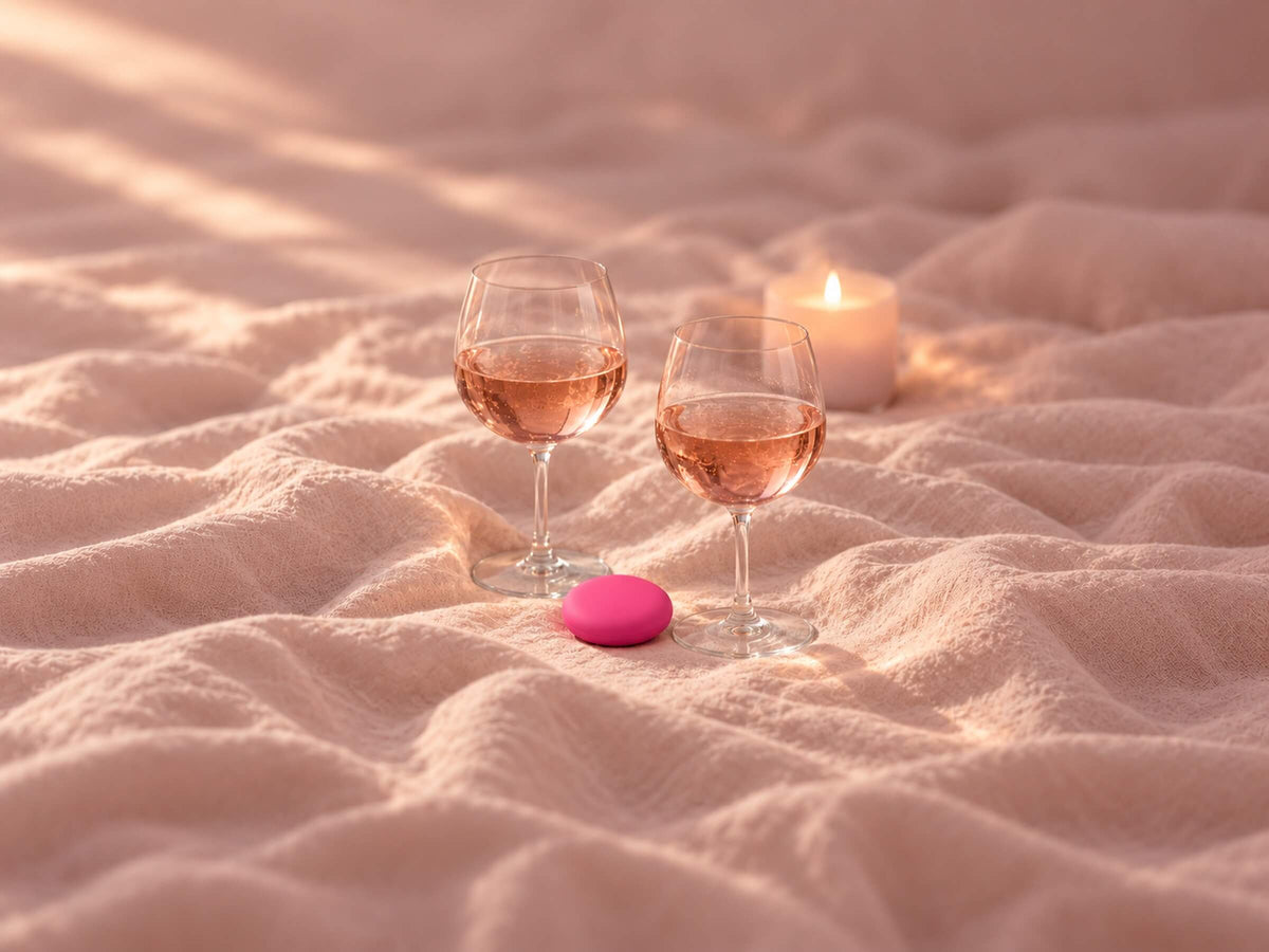 Deux verres et une petite télécommande sur un drap en lin, pour choisir un sextoy en couple