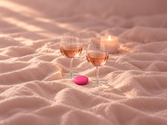 Deux verres et une petite télécommande sur un drap en lin, pour choisir un sextoy en couple