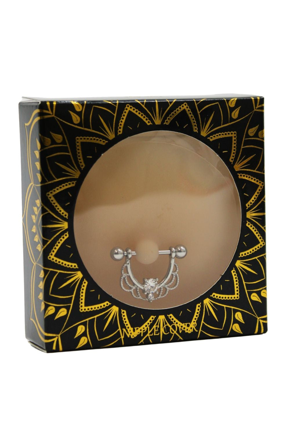 Paire de cache-tétons ornés d’un piercing barre en demi-anneau avec strass, pour peau claire. · Be Lily Accessories · vue 3