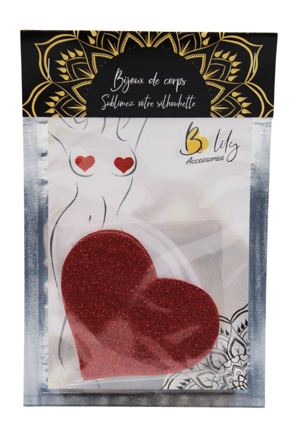 Paire de cache tétons adhésifs coeur pailleté rouge · Be Lily Accessories · vue 3
