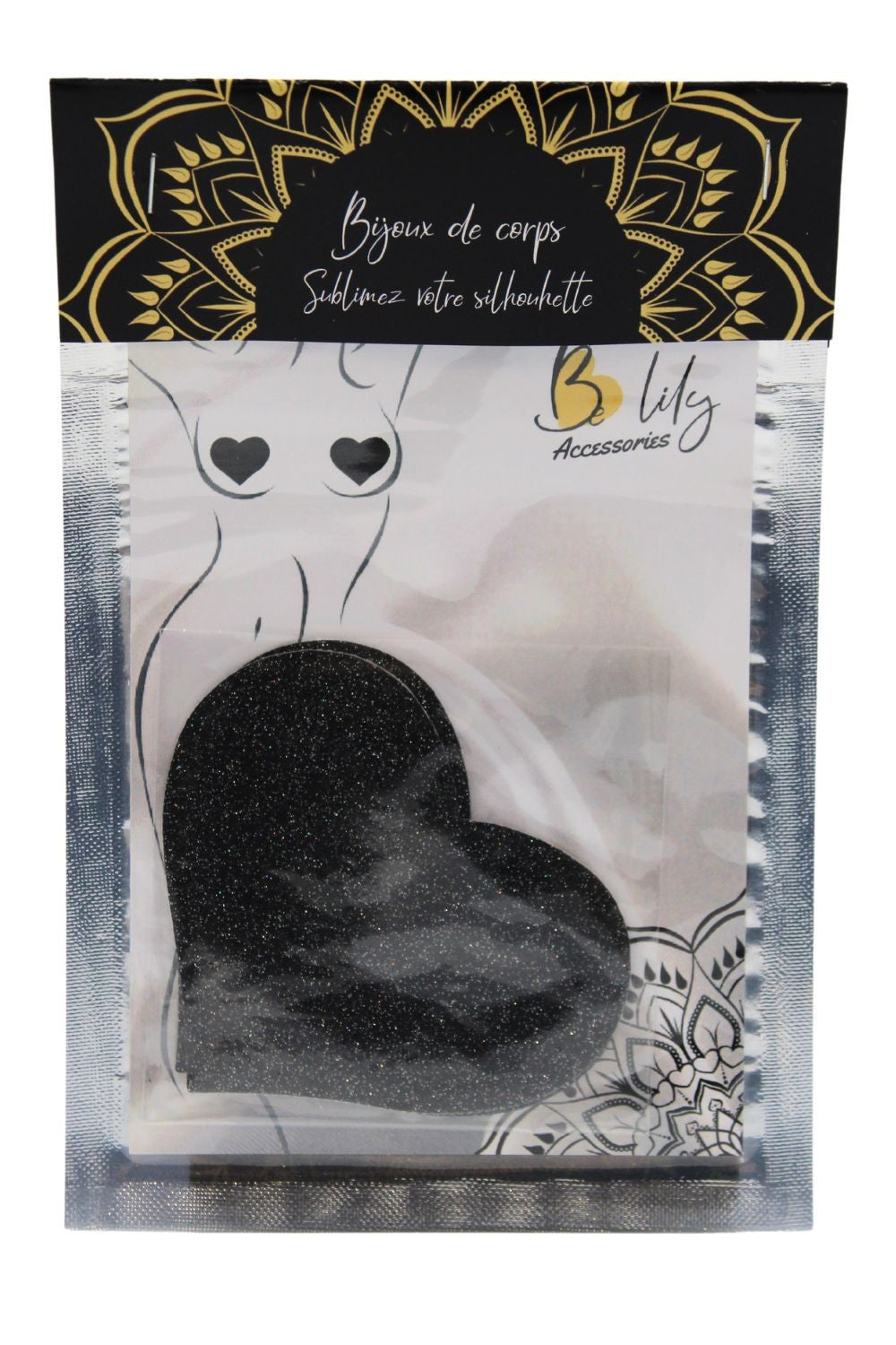 Paire de cache tétons adhésifs coeur pailleté noir · Be Lily Accessories · vue 3