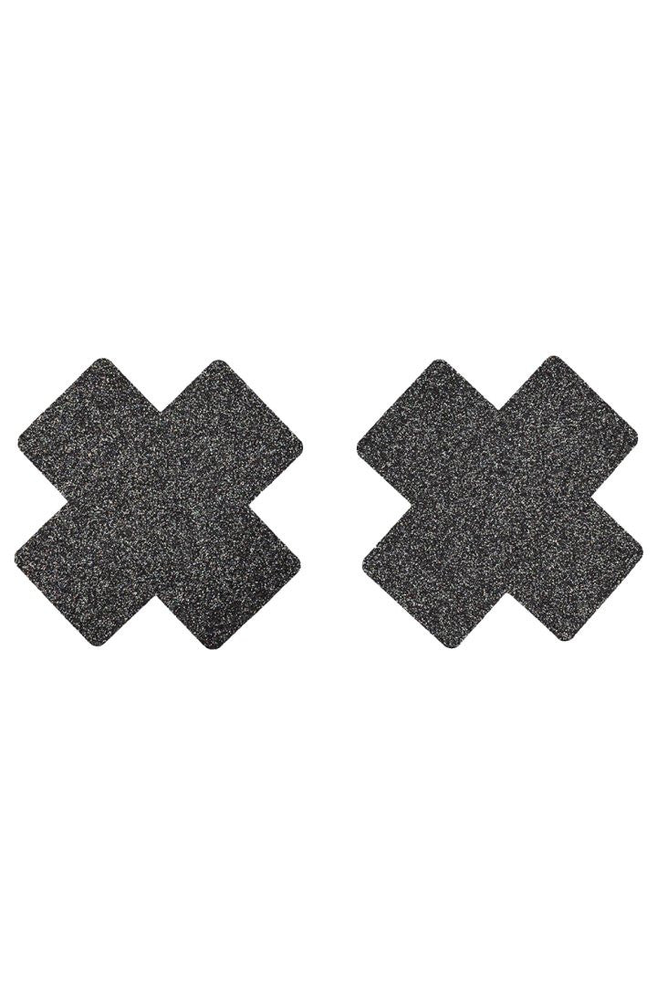 Paire de cache tétons adhésifs croix pailletée noir · Be Lily Accessories