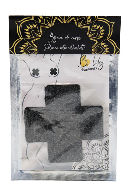 Paire de cache tétons adhésifs croix pailletée noir · Be Lily Accessories · vue 3