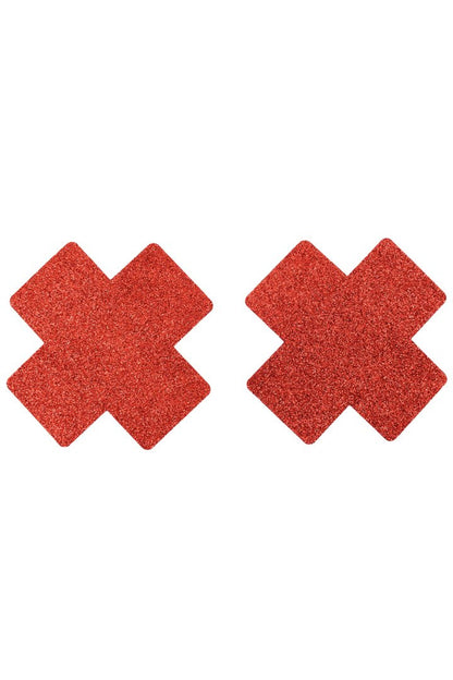 Paire de cache tétons adhésifs croix pailletée rouge · Be Lily Accessories