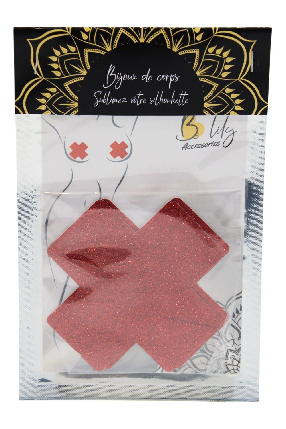 Paire de cache tétons adhésifs croix pailletée rouge · Be Lily Accessories · vue 3