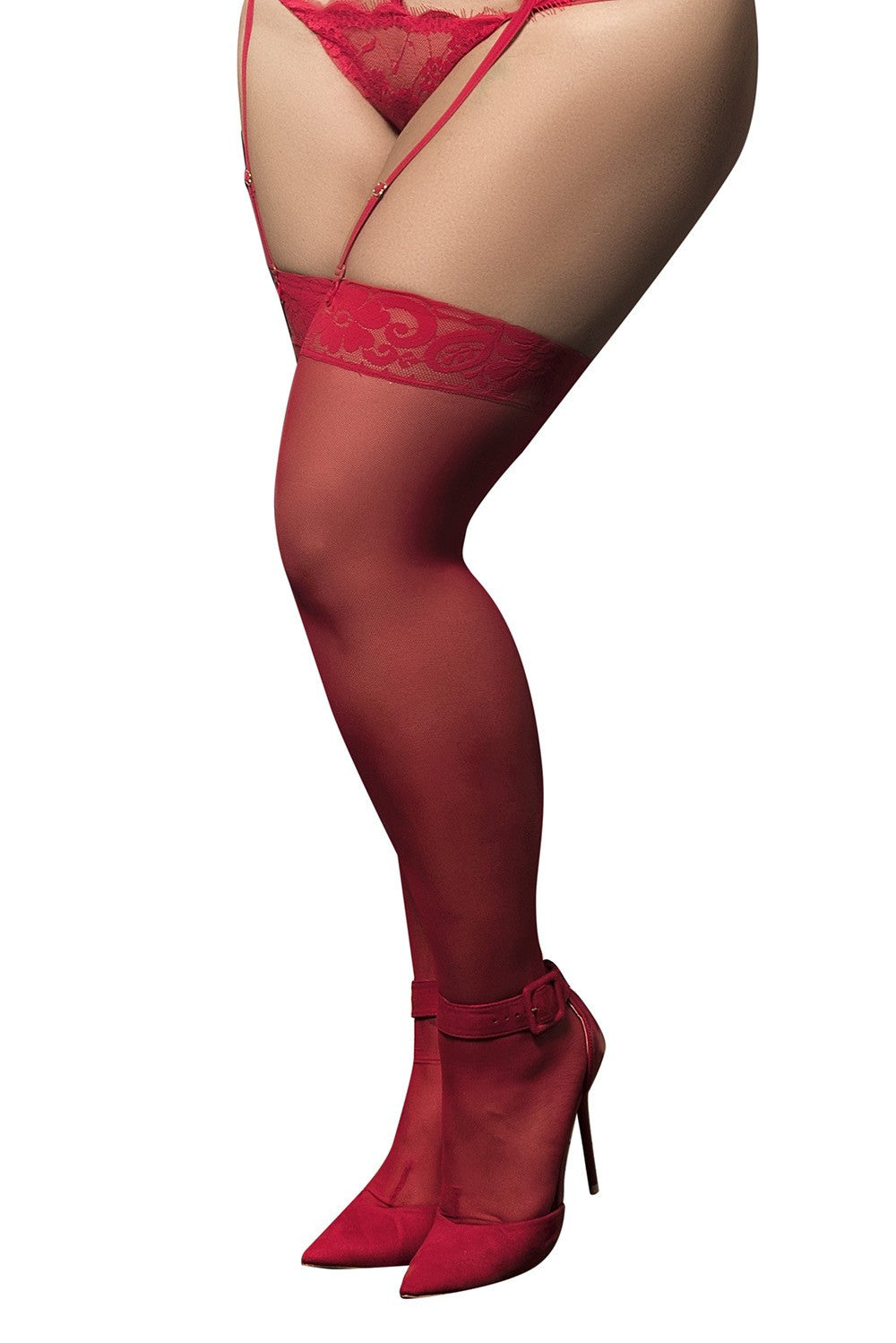 Bas nylon rouges autofixants, grande taille, jarretières dentelle · Mapalé