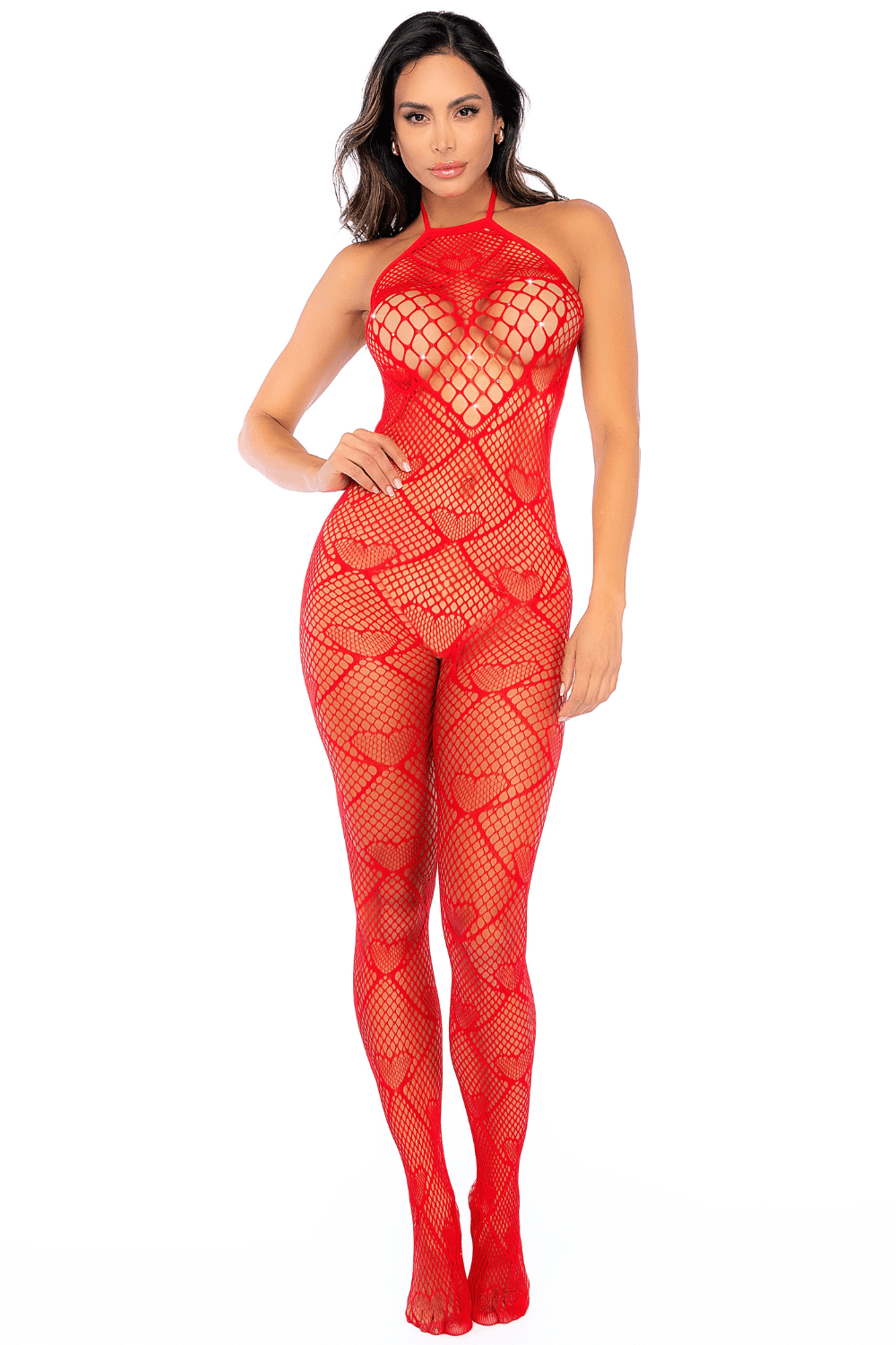 Bodystocking en résille rouge à motif cœur, orné de strass, ouvert à l’entrejambe · Mapalé