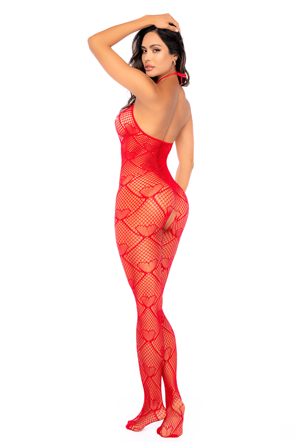 Bodystocking en résille rouge à motif cœur, orné de strass, ouvert à l’entrejambe · Mapalé · vue 3