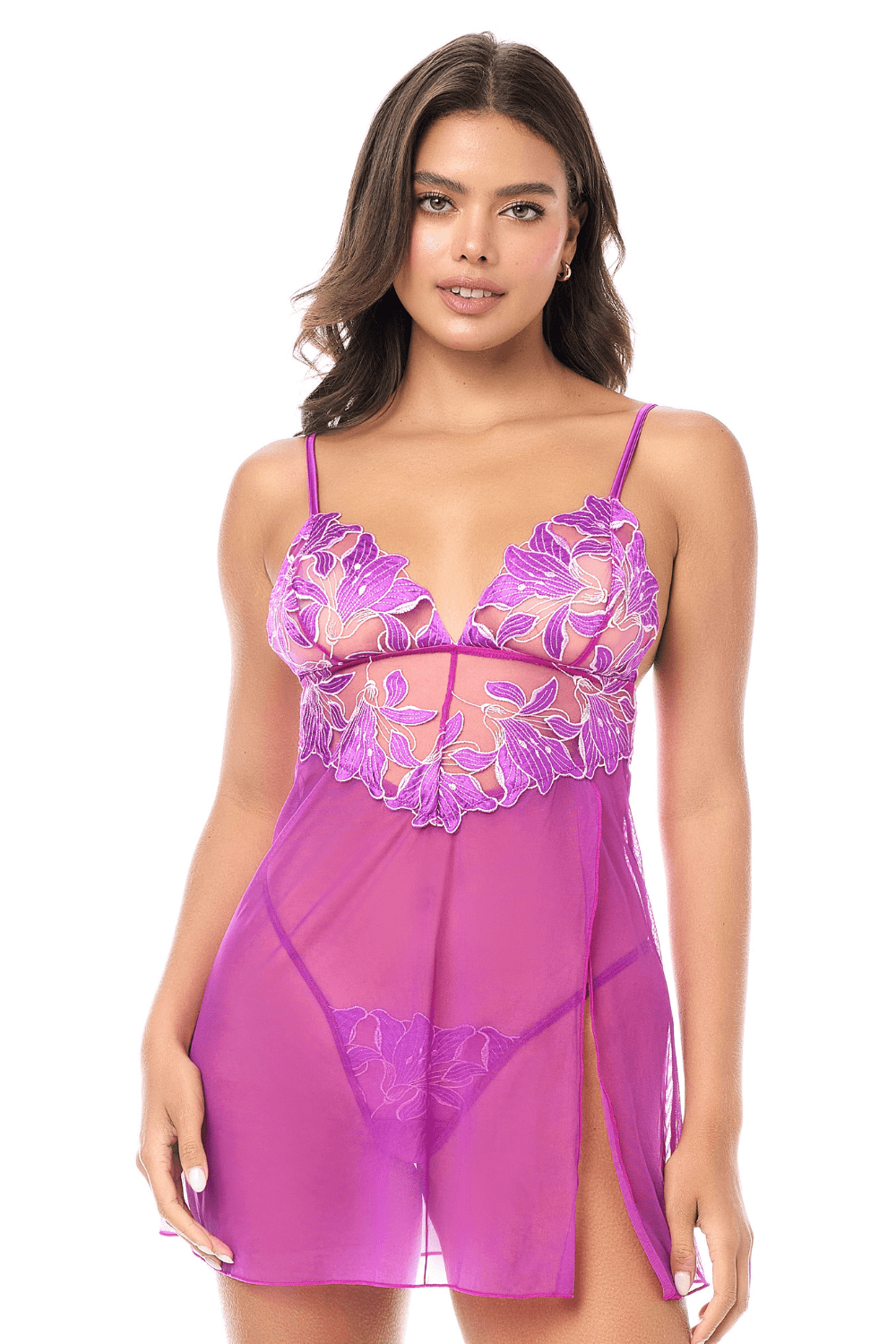 Babydoll sexy en résille brodée florale et string · Mapalé