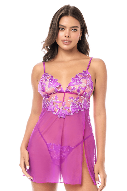 Babydoll sexy en résille brodée florale et string · Mapalé