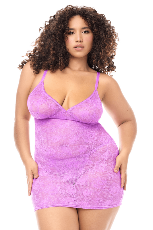Babydoll grande taille dentelle violette et string · Mapalé