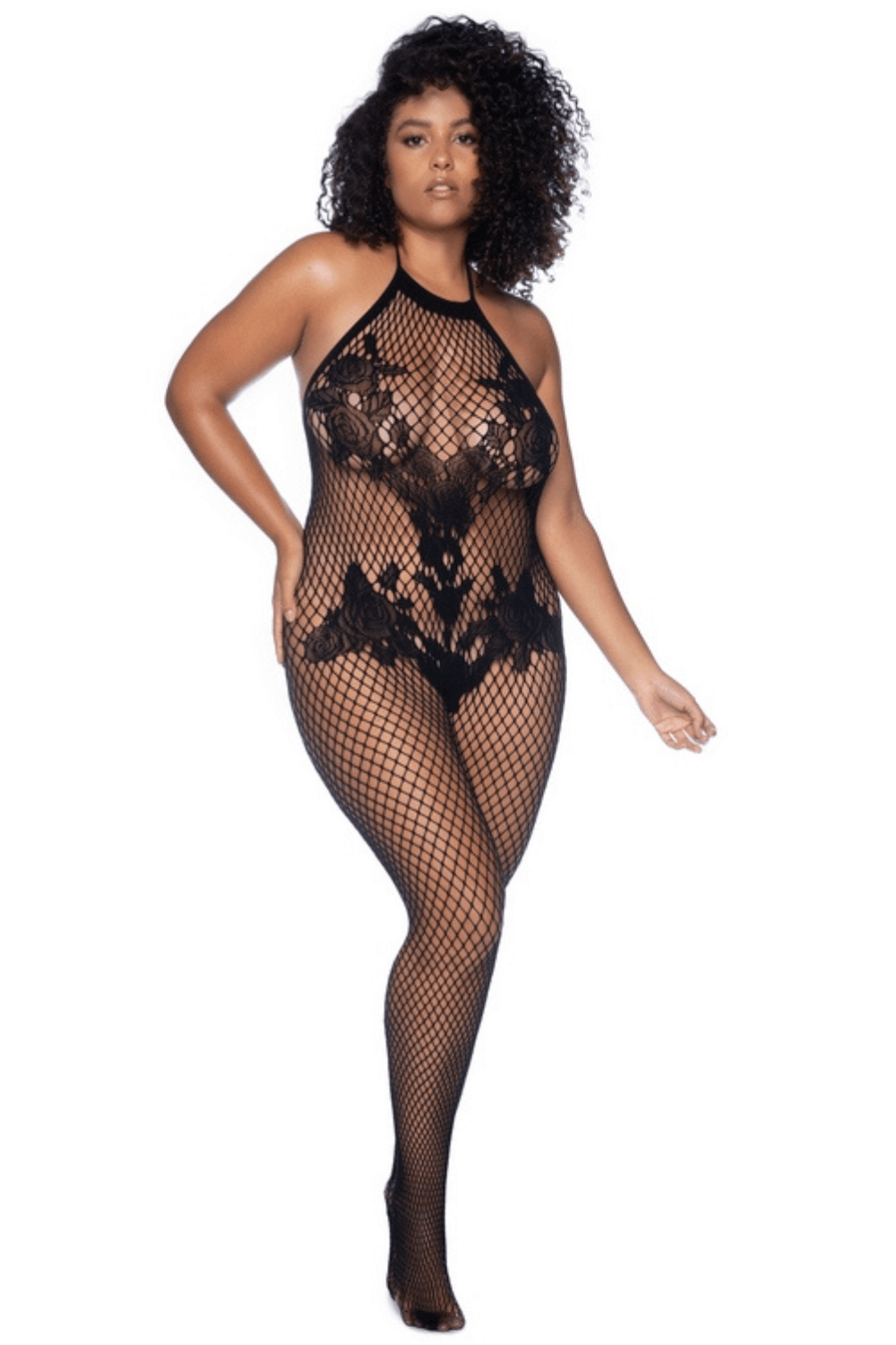 Combinaison grande taille en résille noire ouvert · Mapalé