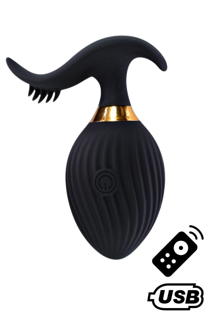 WAVE , Un Œuf vibrant noir USB avec stimulation clitoridienne, doté d'une télécommande · Coeur Ardent