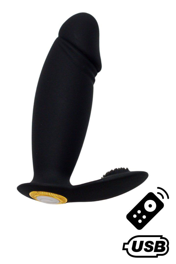ACHILLE, Mini vibromasseur noir USB, forme pénis avec stimulation clitoridienne, avec télécommande · Coeur Ardent